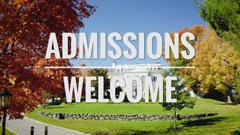 A title card reading 'Admissions Welcome' in front of a quad