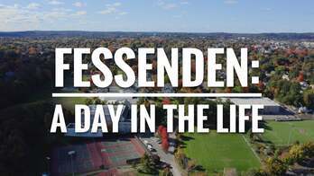 Title over a drone shot of a school