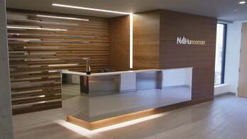 A desk in a modern building