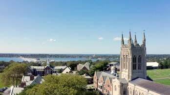 A drone shot of a tower at a school